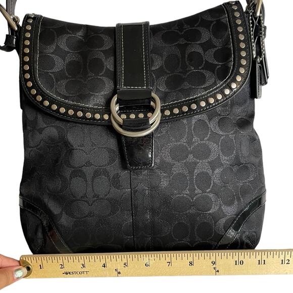 Coach Flap Duffle Monogram Canvas Leather Studding Black Shoulder Handbag Purse - Picture 9 of 12